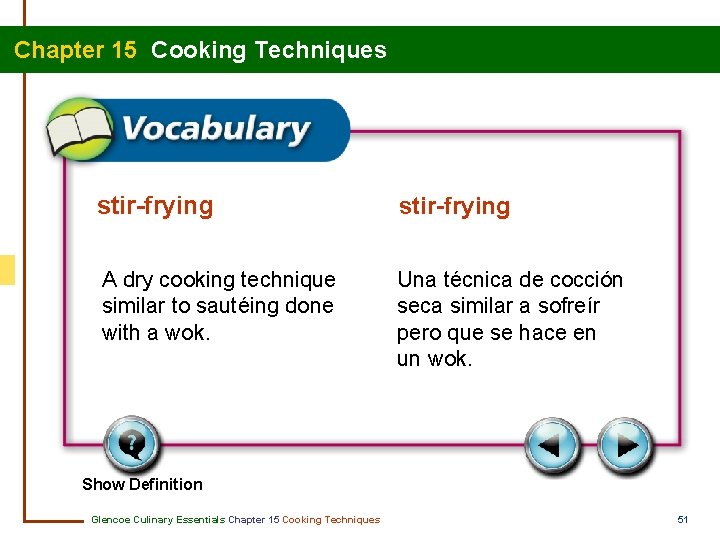 Chapter 15 Cooking Techniques stir-frying A dry cooking technique similar to sautéing done with