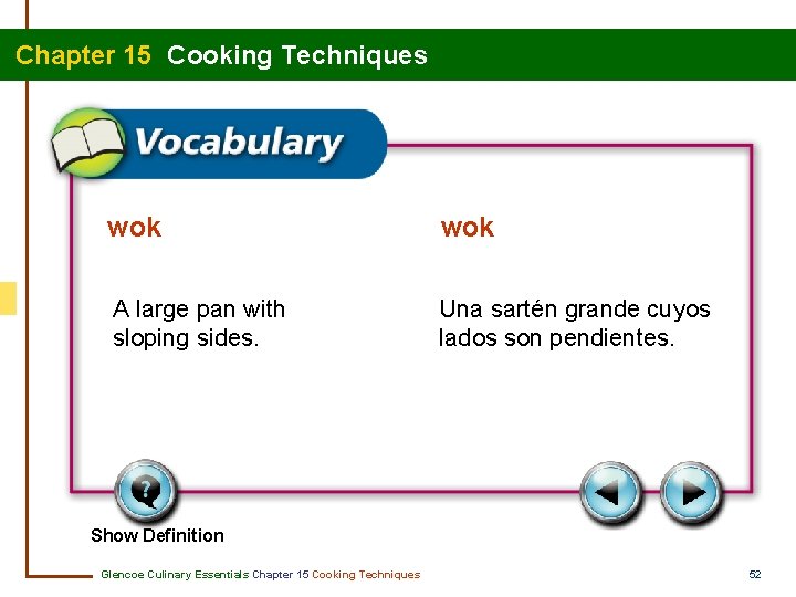Chapter 15 Cooking Techniques wok A large pan with sloping sides. Una sartén grande