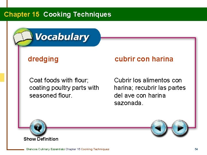 Chapter 15 Cooking Techniques dredging cubrir con harina Coat foods with flour; coating poultry