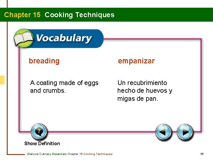 Chapter 15 Cooking Techniques breading empanizar A coating made of eggs and crumbs. Un