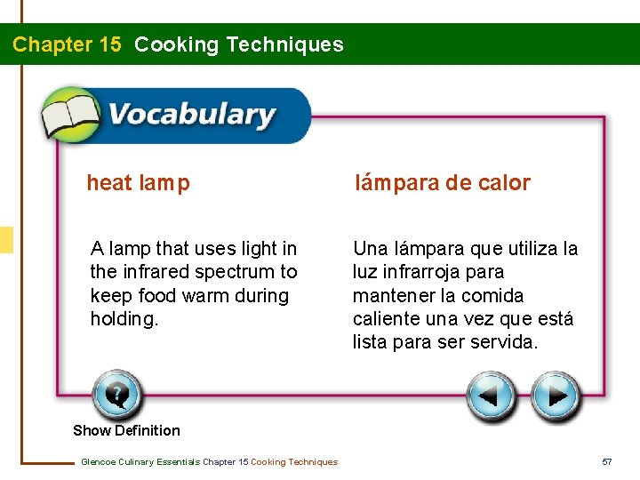 Chapter 15 Cooking Techniques heat lamp lámpara de calor A lamp that uses light