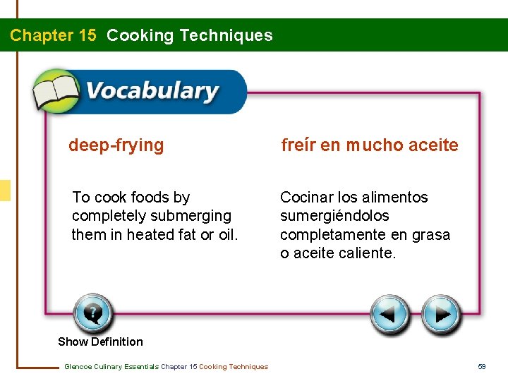 Chapter 15 Cooking Techniques deep-frying freír en mucho aceite To cook foods by completely