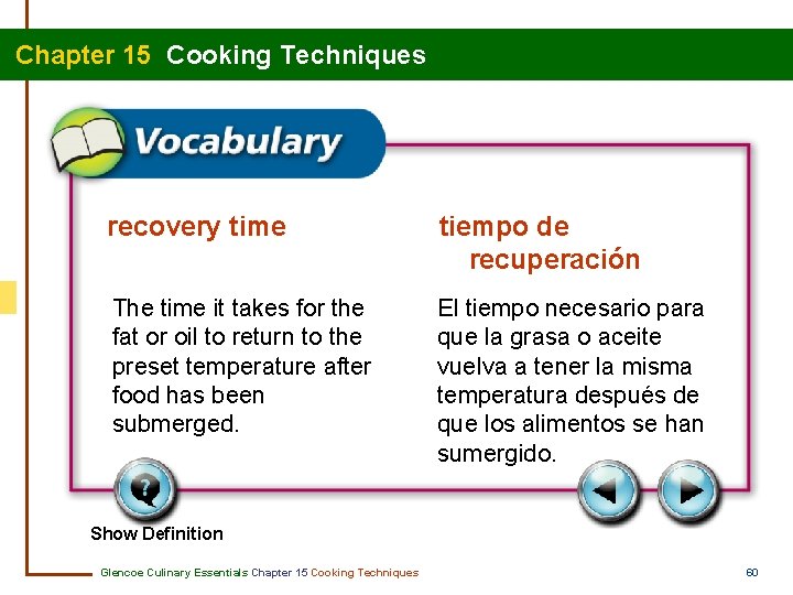 Chapter 15 Cooking Techniques recovery time tiempo de recuperación The time it takes for