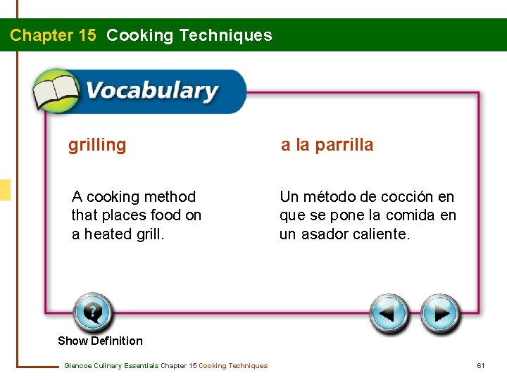 Chapter 15 Cooking Techniques grilling a la parrilla A cooking method that places food
