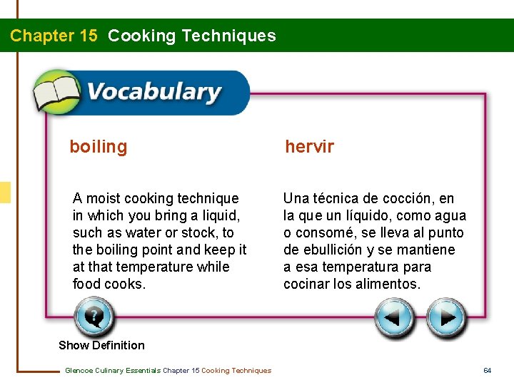 Chapter 15 Cooking Techniques boiling hervir A moist cooking technique in which you bring