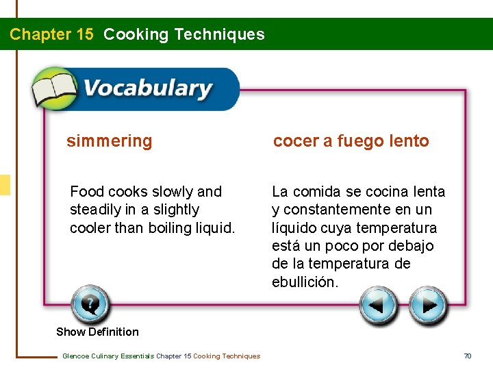 Chapter 15 Cooking Techniques simmering cocer a fuego lento Food cooks slowly and steadily