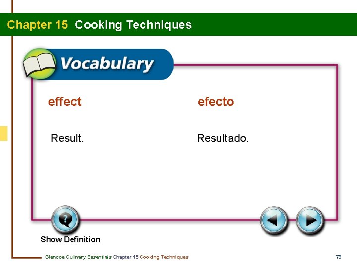 Chapter 15 Cooking Techniques effect efecto Resultado. Show Definition Glencoe Culinary Essentials Chapter 15
