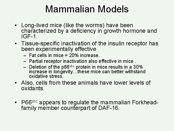 Mammalian Models • Long-lived mice (like the worms) have been characterized by a deficiency