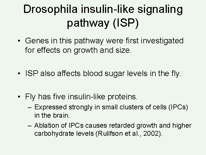 Drosophila insulin-like signaling pathway (ISP) • Genes in this pathway were first investigated for