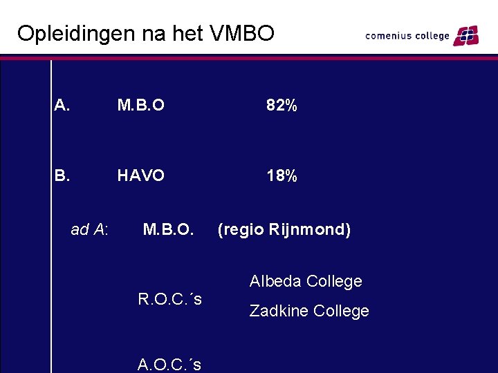 Opleidingen na het VMBO A. M. B. O 82% B. HAVO 18% ad A: