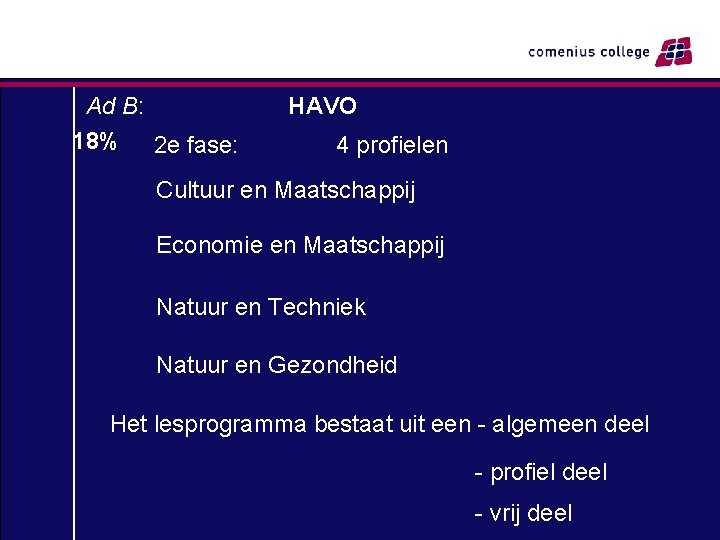 Ad B: 18% 2 e fase: HAVO 4 profielen Cultuur en Maatschappij Economie en