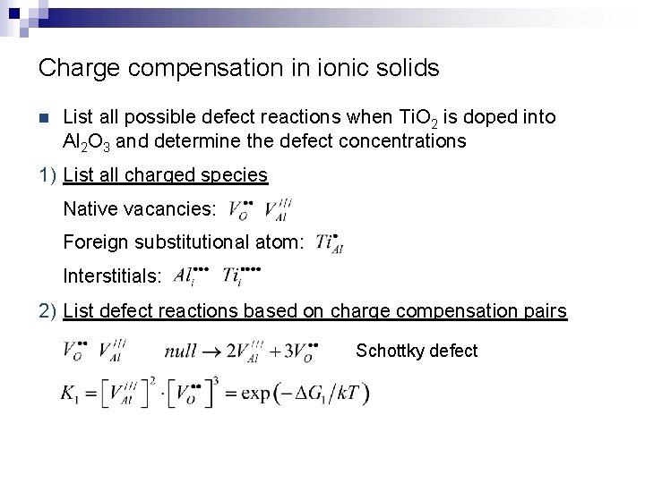 Charge compensation in ionic solids n List all possible defect reactions when Ti. O