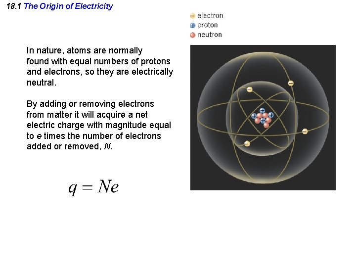 18. 1 The Origin of Electricity In nature, atoms are normally found with equal