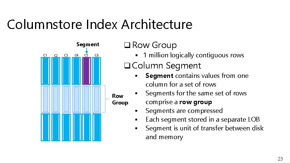 Columnstore Index Architecture Segment C 1 C 2 C 3 C 4 C 5