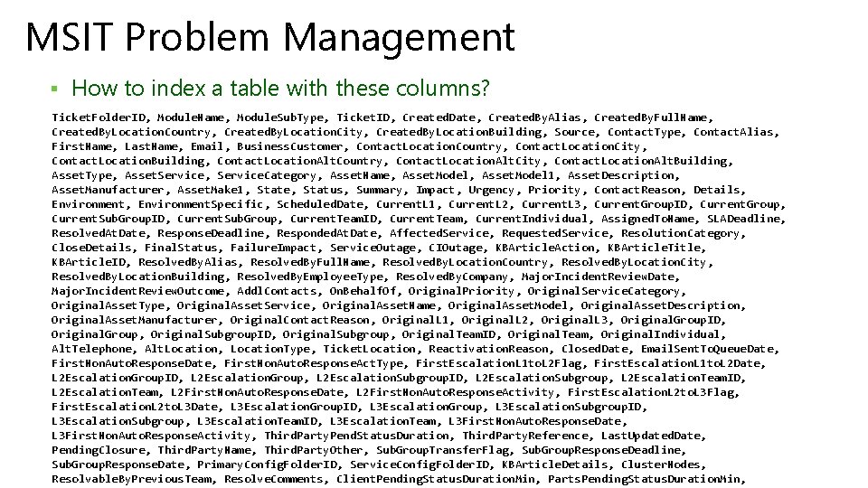 MSIT Problem Management § How to index a table with these columns? Ticket. Folder.