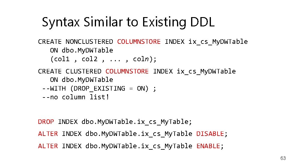 Syntax Similar to Existing DDL CREATE NONCLUSTERED COLUMNSTORE INDEX ix_cs_My. DWTable ON dbo. My.