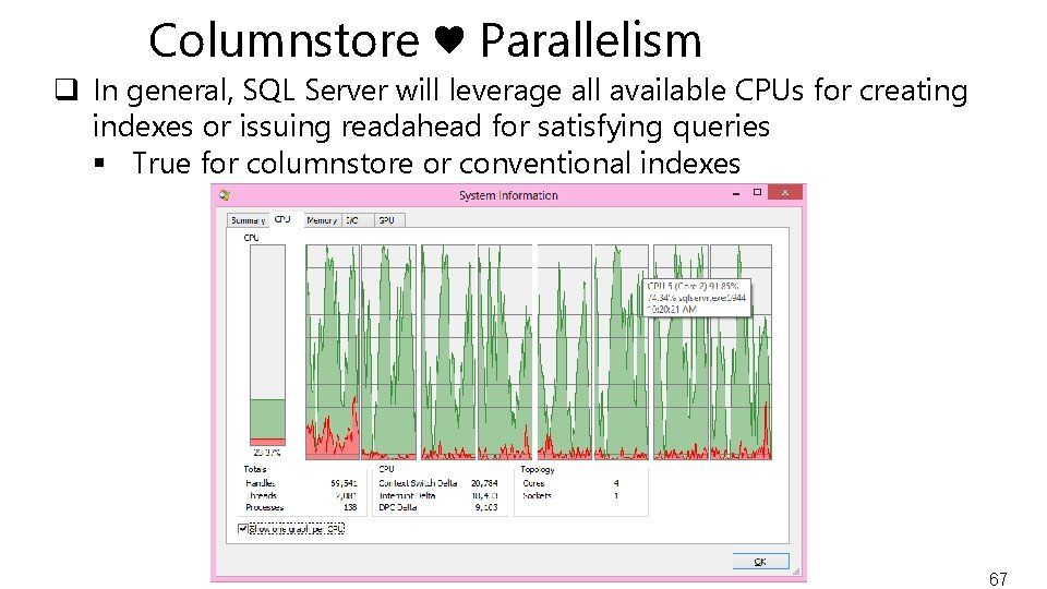 Columnstore ♥ Parallelism q In general, SQL Server will leverage all available CPUs for