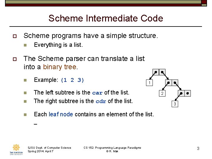 Scheme Intermediate Code o Scheme programs have a simple structure. n o Everything is