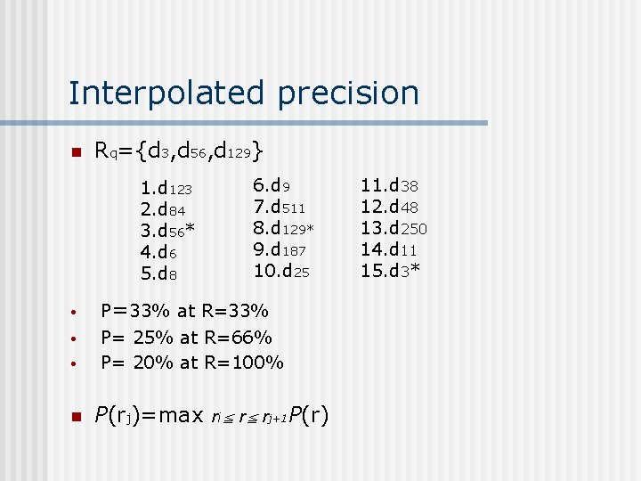 Interpolated precision n Rq={d 3, d 56, d 129} 1. d 123 2. d