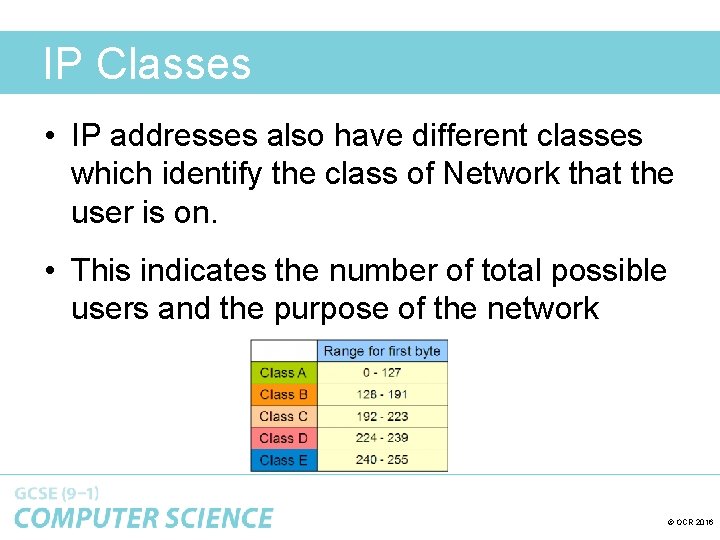 IP Classes • IP addresses also have different classes which identify the class of