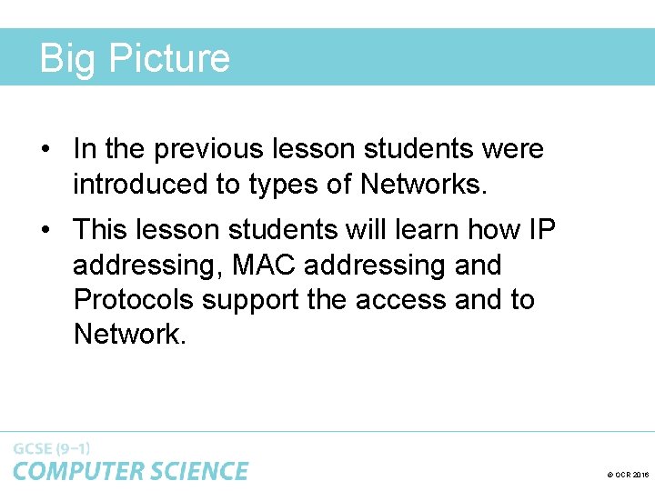 Big Picture • In the previous lesson students were introduced to types of Networks.