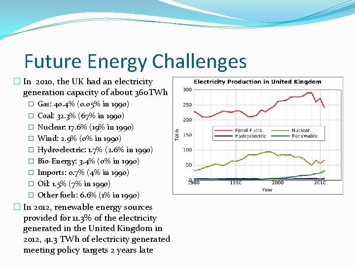 Future Energy Challenges � In 2010, the UK had an electricity generation capacity of