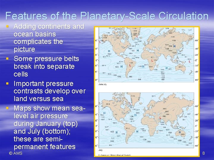 Features of the Planetary-Scale Circulation § Adding continents and ocean basins complicates the picture