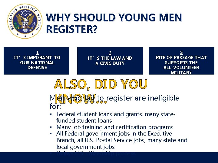 WHY SHOULD YOUNG MEN REGISTER? 1 IT’S IMPORANT TO OUR NATIONAL DEFENSE 2 IT’S