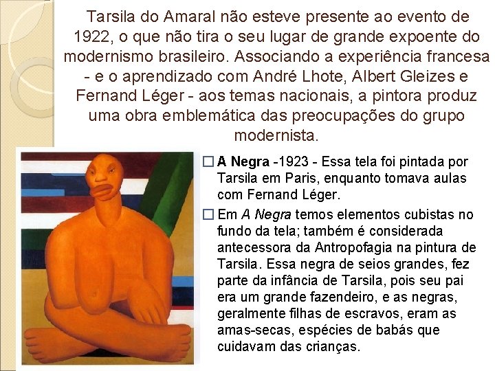 Tarsila do Amaral não esteve presente ao evento de 1922, o que não tira