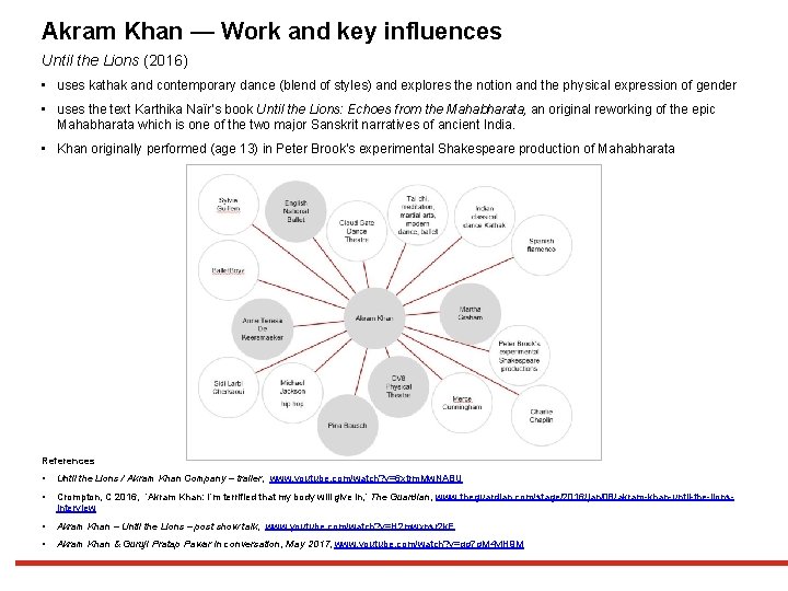 Akram Khan — Work and key influences Until the Lions (2016) • uses kathak