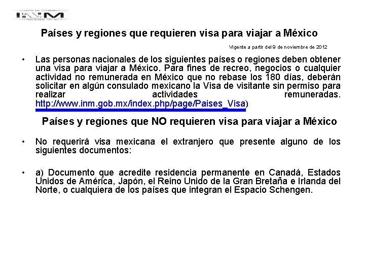 Países y regiones que requieren visa para viajar a México Vigente a partir del