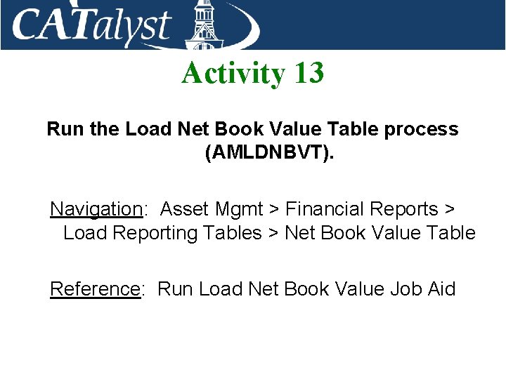 Activity 13 Run the Load Net Book Value Table process (AMLDNBVT). Navigation: Asset Mgmt