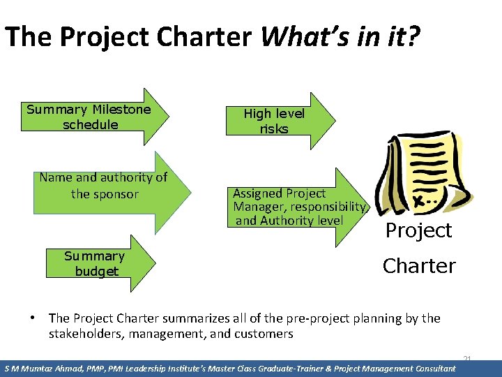 The Project Charter What’s in it? Summary Milestone schedule Name and authority of the