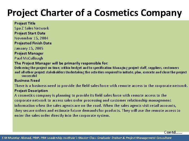 Project Charter of a Cosmetics Company Project Title Spa Z Sales Network Project Start