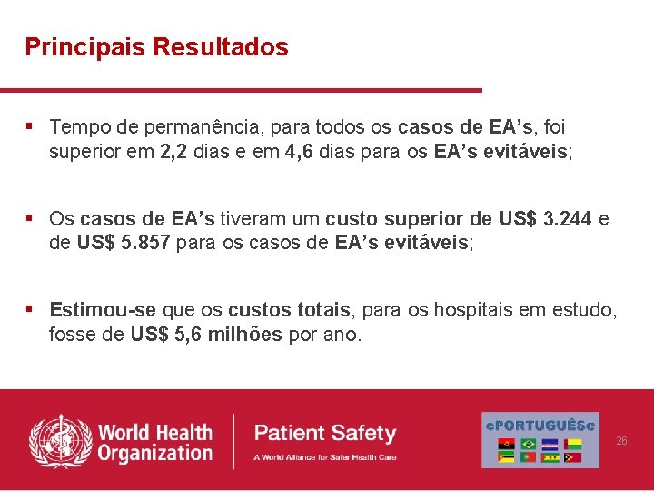 Principais Resultados § Tempo de permanência, para todos os casos de EA’s, foi superior