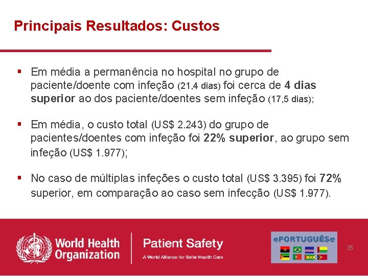 Principais Resultados: Custos § Em média a permanência no hospital no grupo de paciente/doente