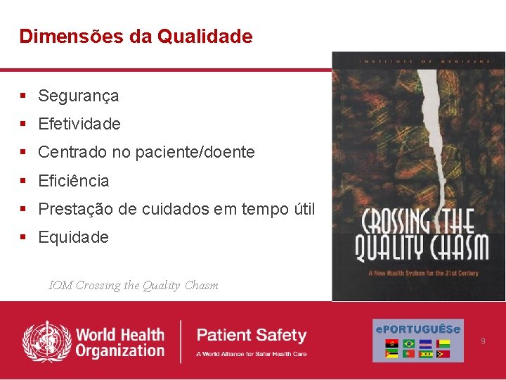 Dimensões da Qualidade § Segurança § Efetividade § Centrado no paciente/doente § Eficiência §