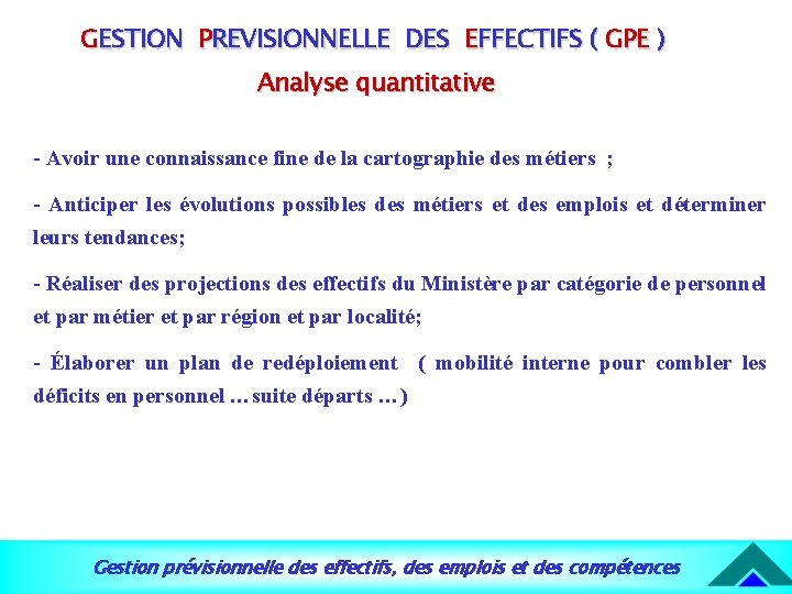 GESTION PREVISIONNELLE DES EFFECTIFS ( GPE ) Analyse quantitative - Avoir une connaissance fine