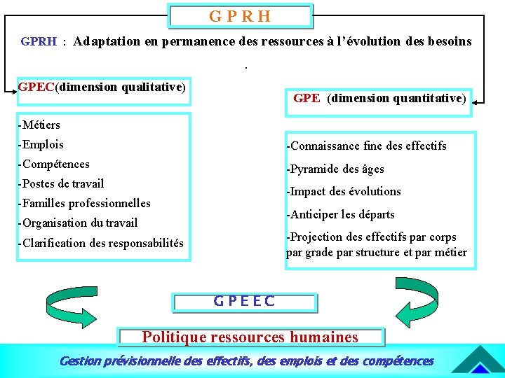 GPRH : Adaptation en permanence des ressources à l’évolution des besoins. GPEC(dimension qualitative) GPE