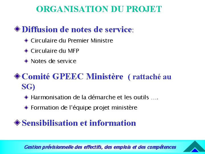 ORGANISATION DU PROJET Diffusion de notes de service: Circulaire du Premier Ministre Circulaire du