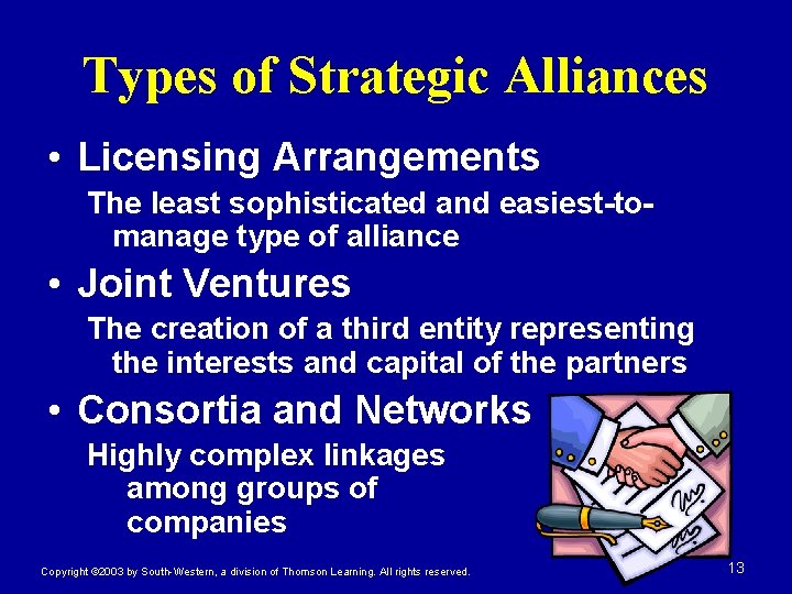 Types of Strategic Alliances • Licensing Arrangements The least sophisticated and easiest-tomanage type of