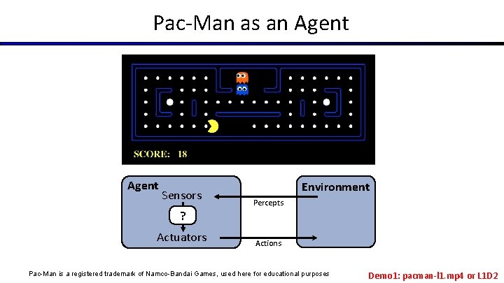 Pac-Man as an Agent Sensors Environment Percepts ? Actuators Actions Pac-Man is a registered