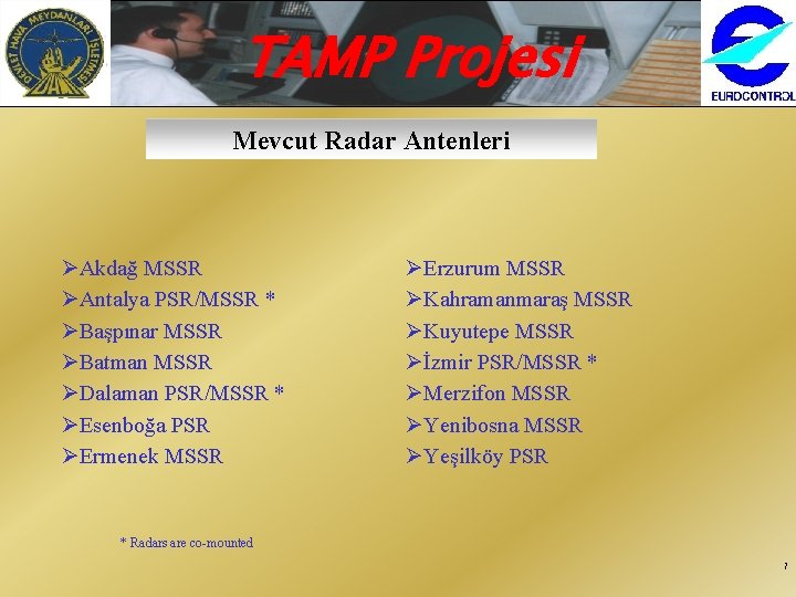 TAMP Projesi Mevcut Radar Antenleri ØAkdağ MSSR ØAntalya PSR/MSSR * ØBaşpınar MSSR ØBatman MSSR