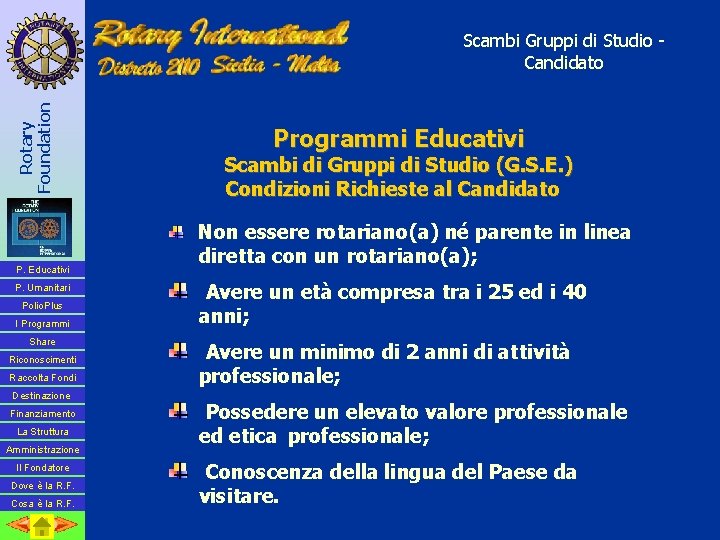 Rotary Foundation Scambi Gruppi di Studio Candidato P. Educativi P. Umanitari Polio. Plus I