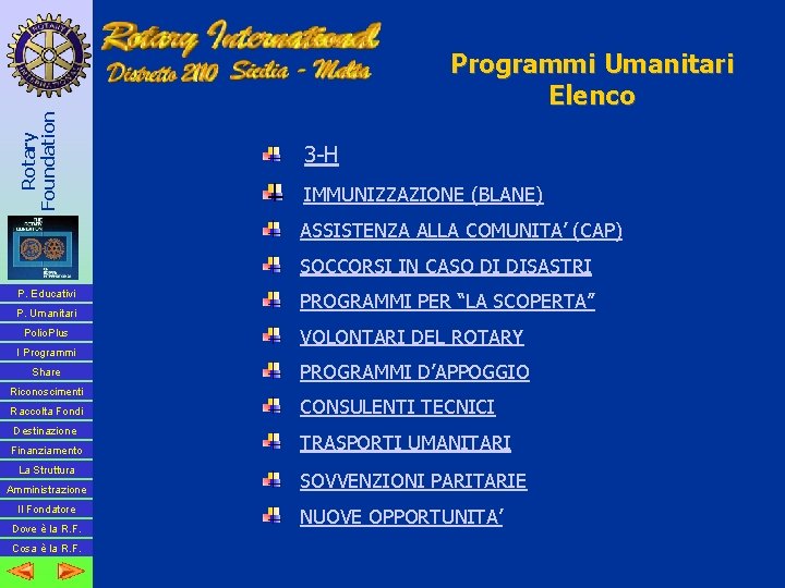 Rotary Foundation Programmi Umanitari Elenco 3 -H IMMUNIZZAZIONE (BLANE) ASSISTENZA ALLA COMUNITA’ (CAP) SOCCORSI