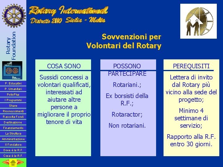 Rotary Foundation Sovvenzioni per Volontari del Rotary COSA SONO P. Educativi P. Umanitari Polio.