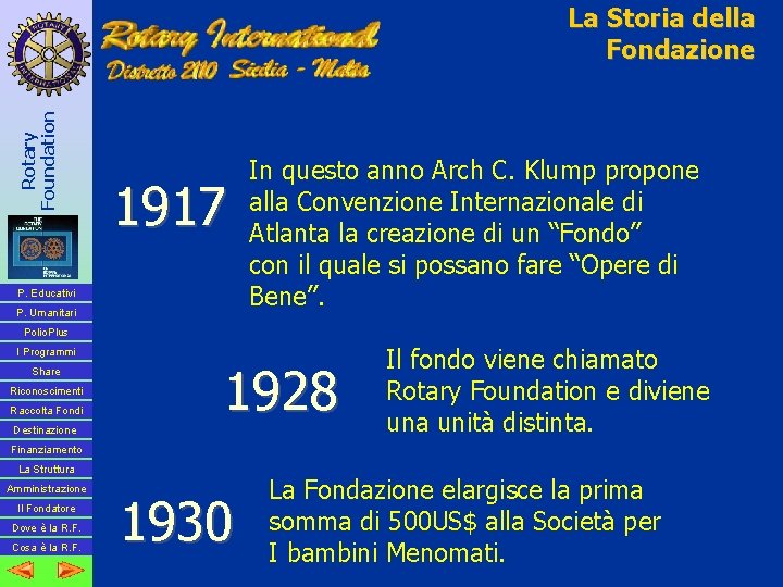 Rotary Foundation La Storia della Fondazione 1917 P. Educativi P. Umanitari In questo anno