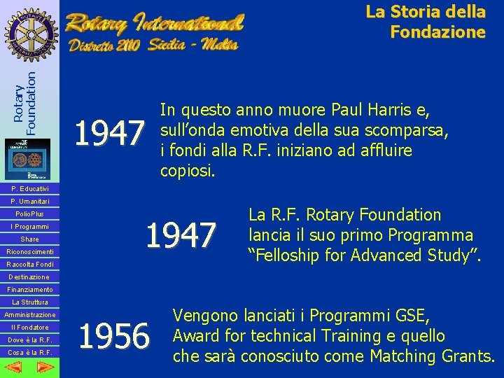 Rotary Foundation La Storia della Fondazione 1947 In questo anno muore Paul Harris e,