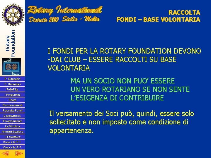 Rotary Foundation RACCOLTA FONDI – BASE VOLONTARIA P. Educativi P. Umanitari Polio. Plus I