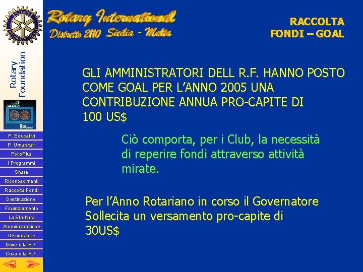 Rotary Foundation RACCOLTA FONDI – GOAL P. Educativi P. Umanitari Polio. Plus I Programmi